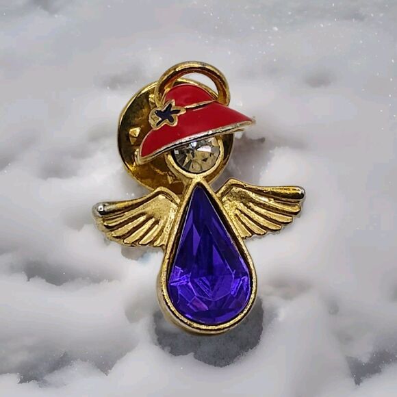5/$25 Red Hat Society Angel Brooch Gold Tone Pin Red Hat Society Brooch Vintage - Picture 1 of 5